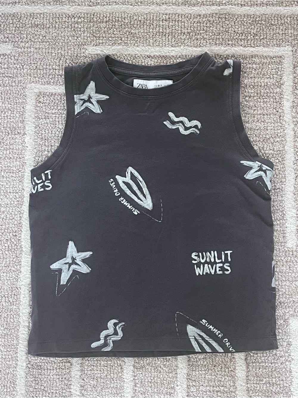 Zara Black Graphic Tank Top with White Surf Motifs